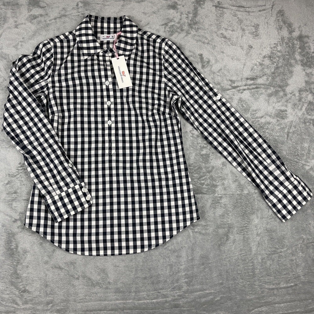 NWT vinyard vines womens black white Gingham plaid blouse‎ Sz 00  1/2 Button